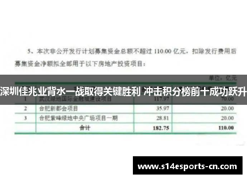 深圳佳兆业背水一战取得关键胜利 冲击积分榜前十成功跃升