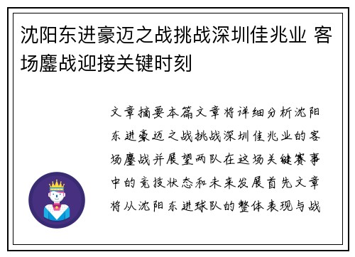 沈阳东进豪迈之战挑战深圳佳兆业 客场鏖战迎接关键时刻