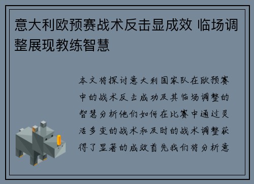 意大利欧预赛战术反击显成效 临场调整展现教练智慧