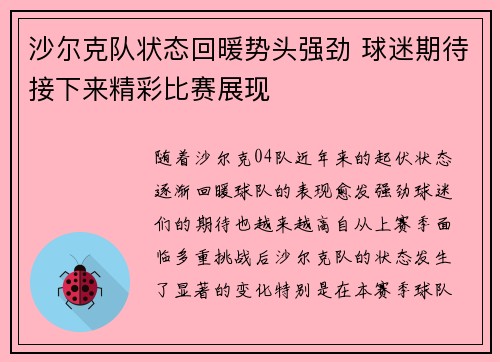 沙尔克队状态回暖势头强劲 球迷期待接下来精彩比赛展现