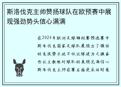 斯洛伐克主帅赞扬球队在欧预赛中展现强劲势头信心满满