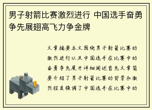 男子射箭比赛激烈进行 中国选手奋勇争先展翅高飞力争金牌