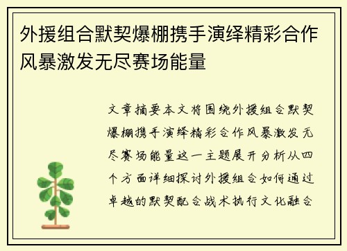 外援组合默契爆棚携手演绎精彩合作风暴激发无尽赛场能量