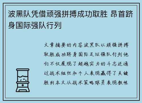 波黑队凭借顽强拼搏成功取胜 昂首跻身国际强队行列