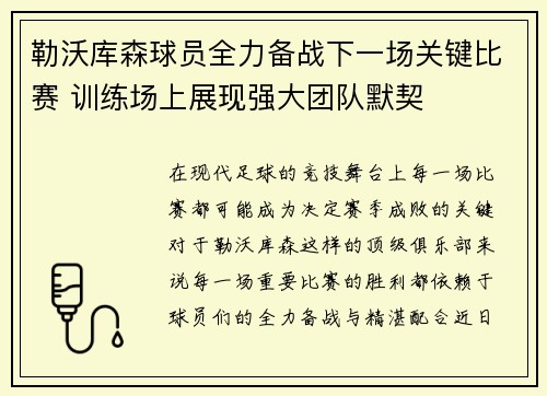 勒沃库森球员全力备战下一场关键比赛 训练场上展现强大团队默契