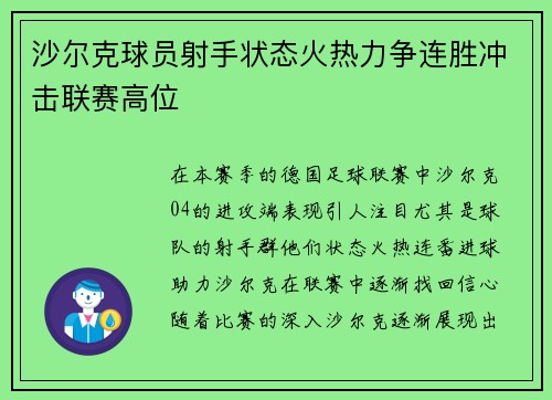 沙尔克球员射手状态火热力争连胜冲击联赛高位