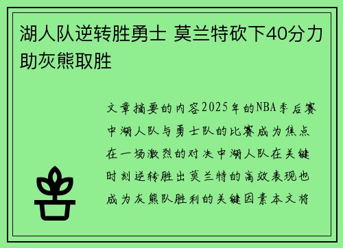 湖人队逆转胜勇士 莫兰特砍下40分力助灰熊取胜