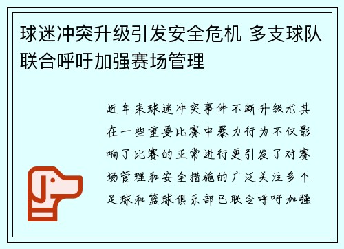 球迷冲突升级引发安全危机 多支球队联合呼吁加强赛场管理